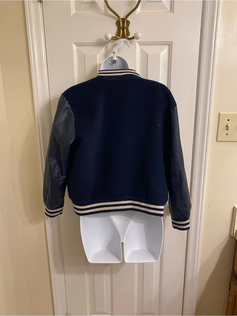 GAP KIDS SIZE LARGE NAVY BLUE WOOL LETTERMAN JACKET FAUX LEATHER SLEEVES LARGE